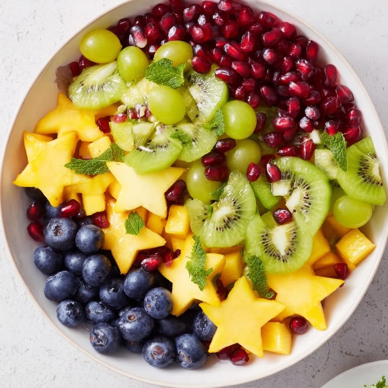 Fresh pomegranate and mint star fruit platter, ready to be enjoyed as a vibrant, healthy snack.