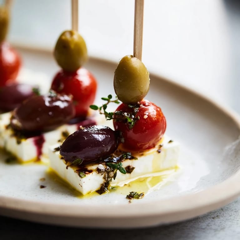 Prepare to enjoy these easy Holiday Cheers Olive and Feta Skewers, bursting with Mediterranean flavors and fresh ingredients.