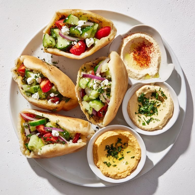 Fresh, warm Savory Board: mini pita pockets with a variety of hummus ready for a delicious vegetarian meal.