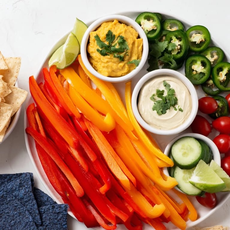 A close-up shot of the Spicy Chili Pepper Fiesta party platter with fresh vegetables and creamy dips on display.