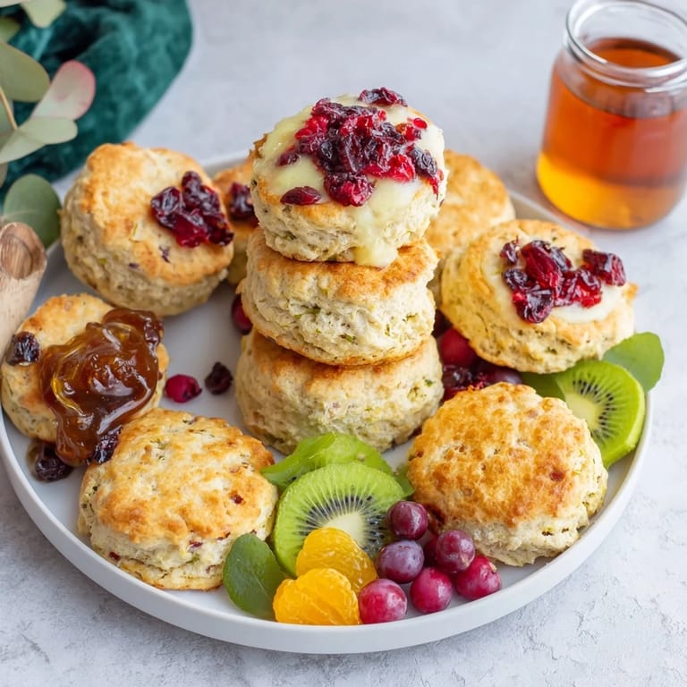 Imagine a colorful Breakfast Brunch Board Bliss overflowing with sweet scones, berries, and syrup for dipping.