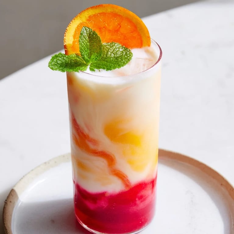 Beautifully layered Alpine Sunrise mocktail, a creamy white coconut base leading to a brilliant red finish.