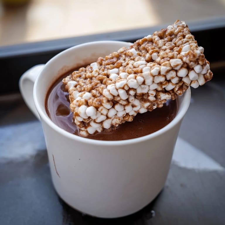 Warm, frothy hot chocolate topped with sweet, fluffy Cozy Bear Marshmallow Bar pieces, ready to sip.