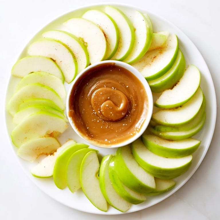 Close-up of golden Apple Slices with Caramel Dip boasting a rich, inviting sheen.
