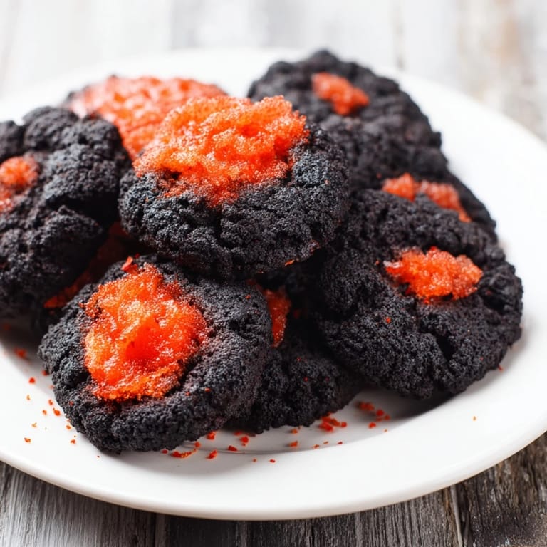Fiery Volcanic Flow, a visually stunning appetizer: Spicy red jelly erupts from a ring of charcoal crackers.