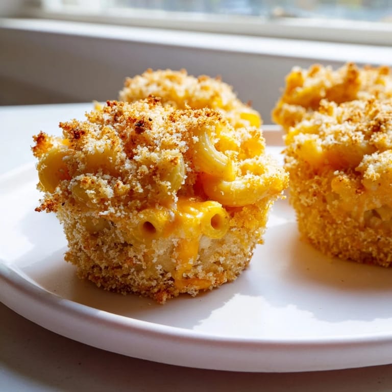 Close-up of baked Tinis Mac and Cheese, showcasing the bubbly, toasted breadcrumb topping with cheese pull.