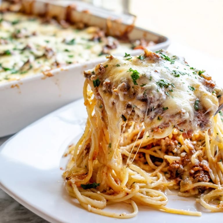 This close-up shows the hearty Tini's Baked Spaghetti, perfectly baked with melted cheese and fresh parsley.
