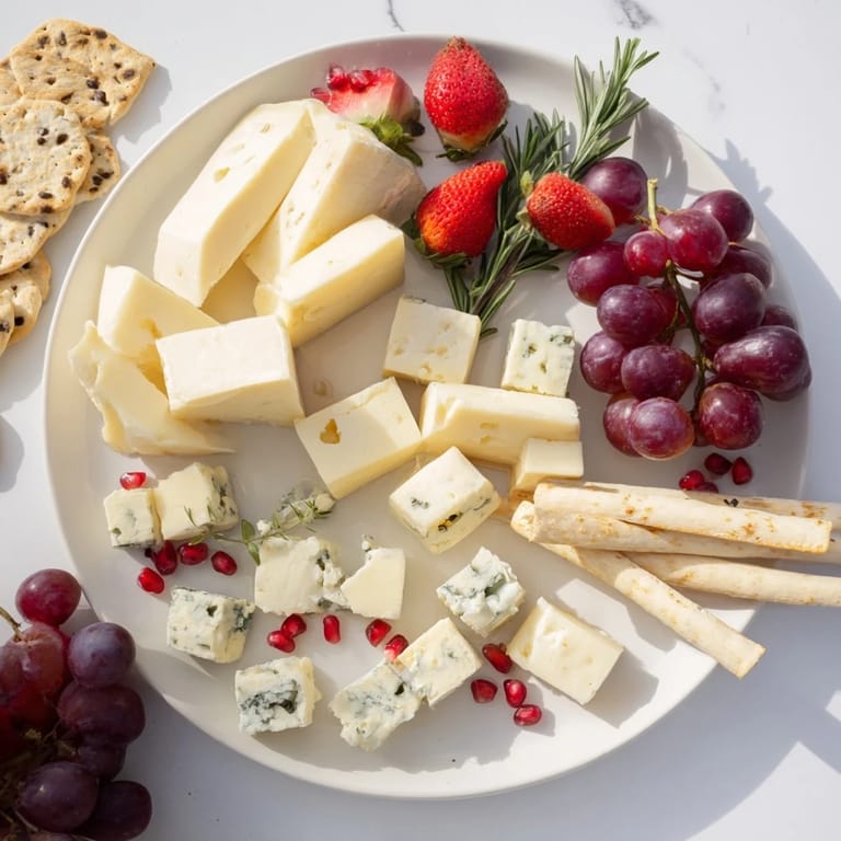 This The Final Curtain appetizer features an assortment of cheeses, meats, and fresh fruits spilling artfully over an edge.