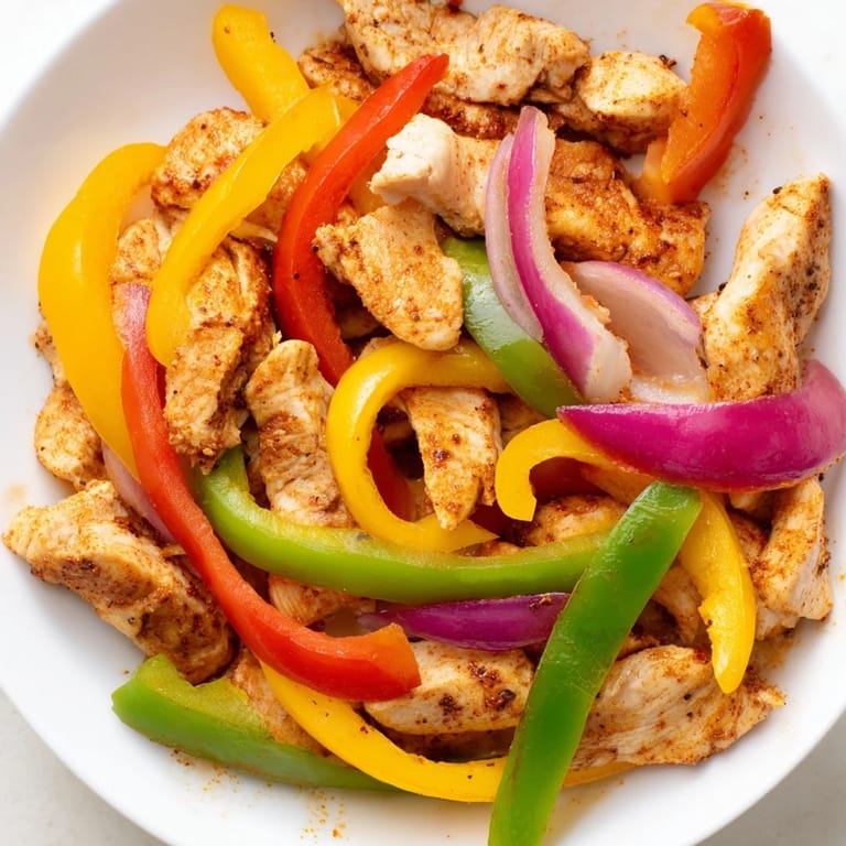 The fully cooked Sheet-Pan Chicken Fajitas, steaming hot and ready to be wrapped in tortillas.