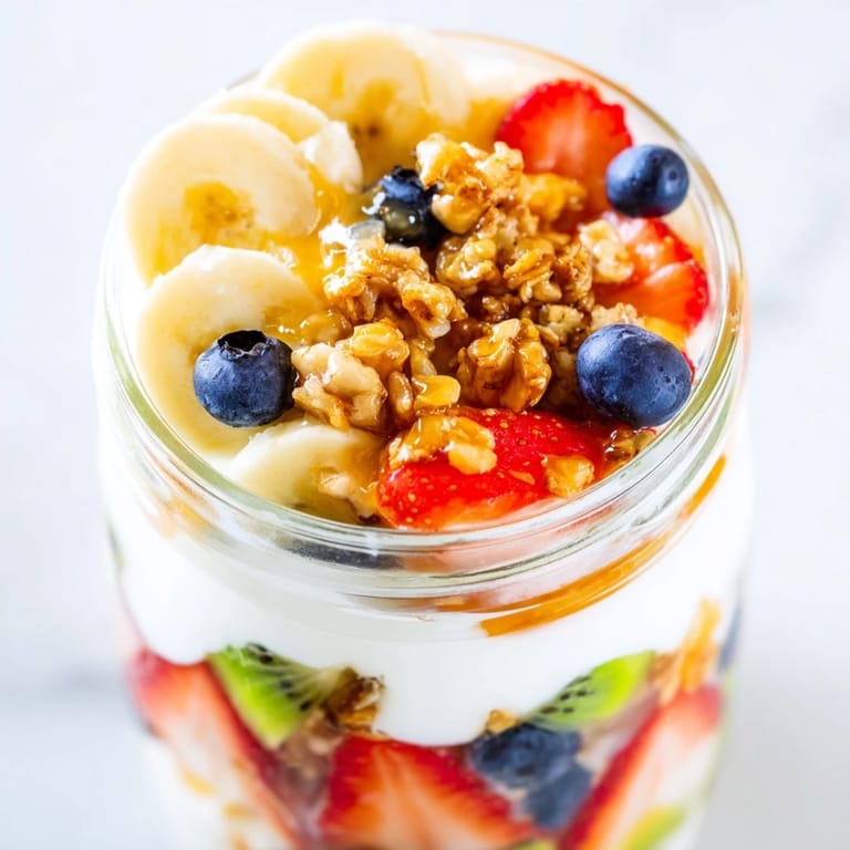 A bright Layered Yogurt Fruit Parfait reveals a layered cup of fresh fruit and Greek yogurt.