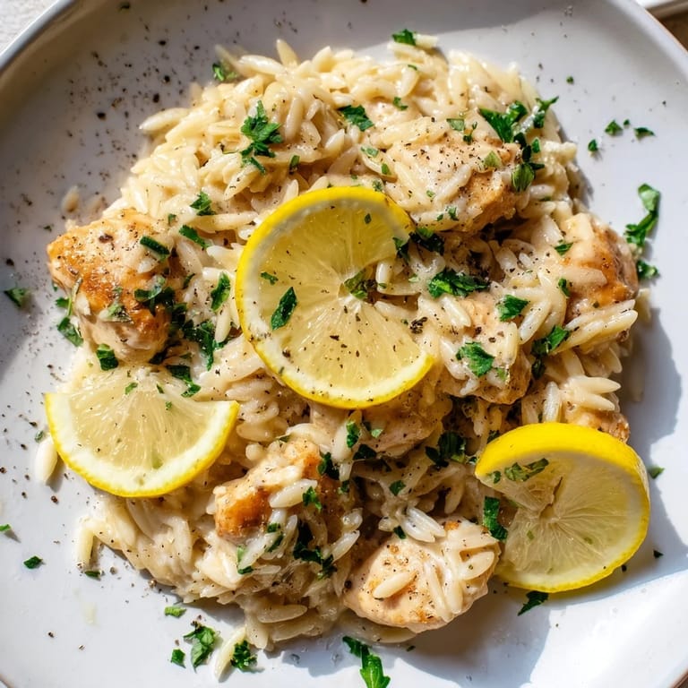This photo depicts a one-pan Creamy Lemon Chicken Orzo, complete with juicy chicken and a flavorful, rich sauce.