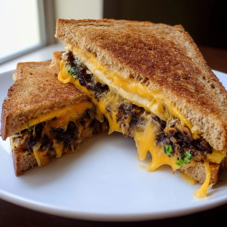 Close-up of a warm and savory Black Bean Grilled Cheese, perfect comfort food for lunch.