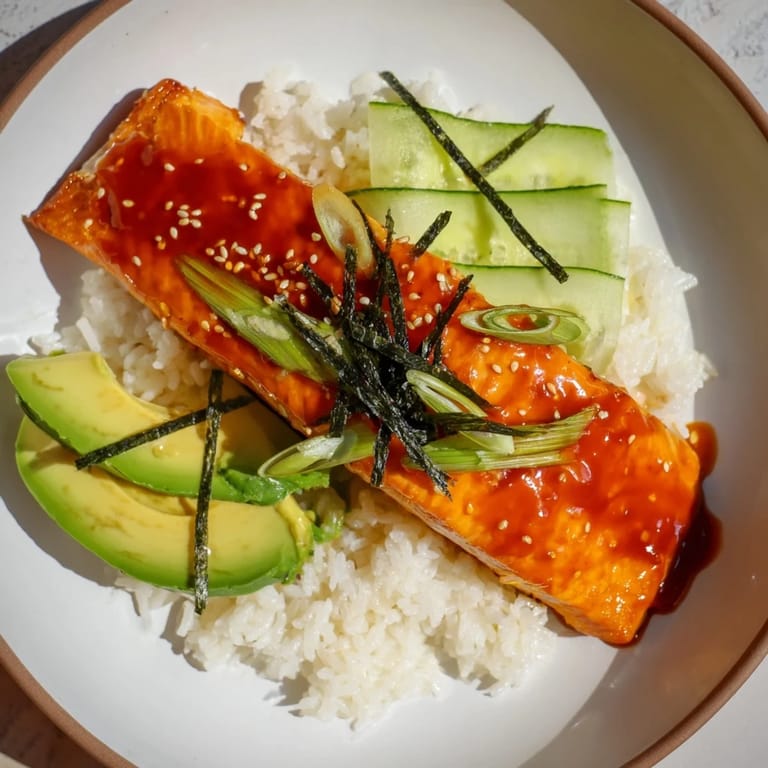 A close-up of a colorful Emily Mariko-Inspired Sticky Orange Gochujang Salmon Bowl, ready to be enjoyed.