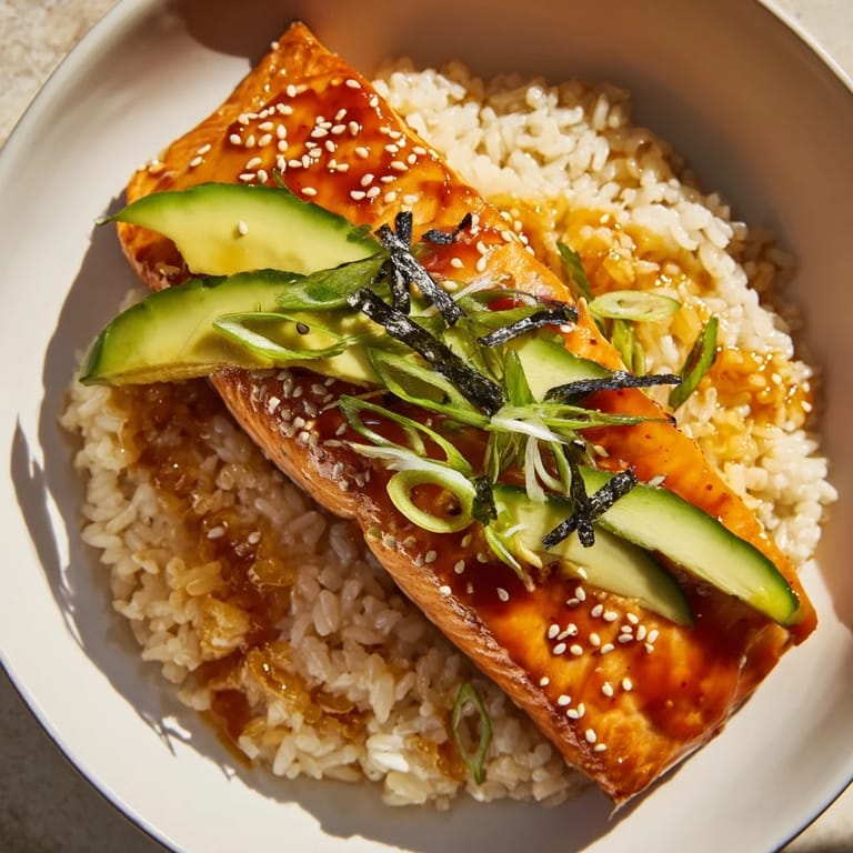Flaky salmon in the Emily Mariko-Inspired Sticky Orange Gochujang Salmon Bowl, drizzled with spicy glaze alongside fresh veggies.