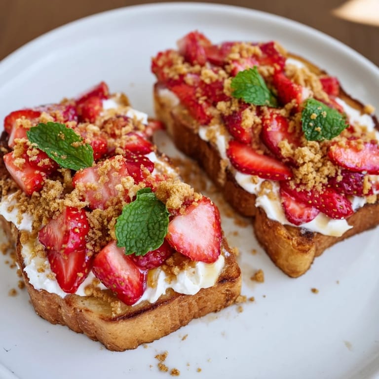 This Strawberry Cheesecake Toast features vibrant red strawberries layered on smooth, creamy cheesecake.