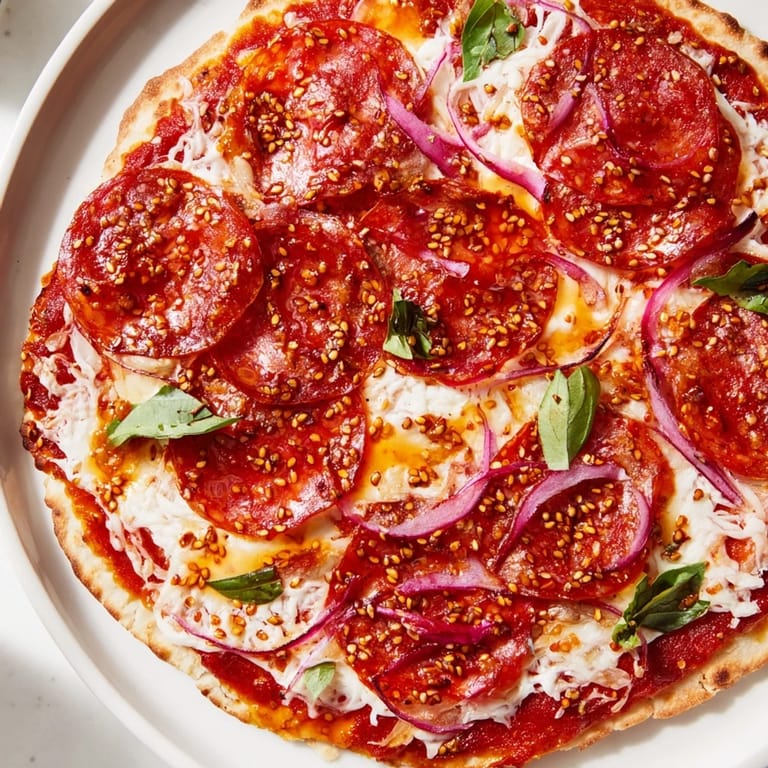 A close-up shot of homemade Hot Honey Pepperoni Flatbread, ready to be sliced and devoured.