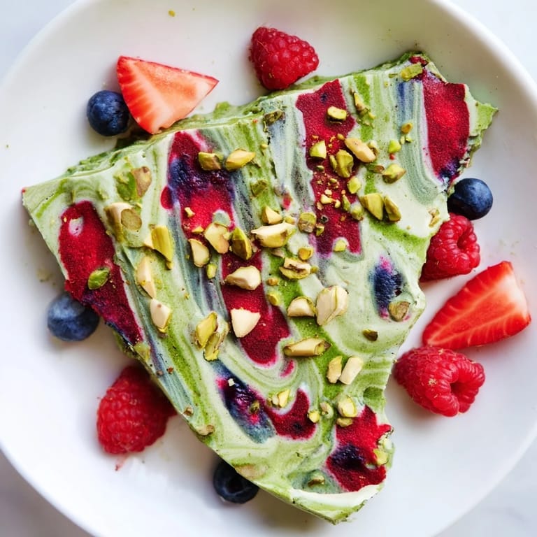 Brightly colored chunks of Frozen Yogurt Bark, a refreshing dessert swirled with matcha and fruit.