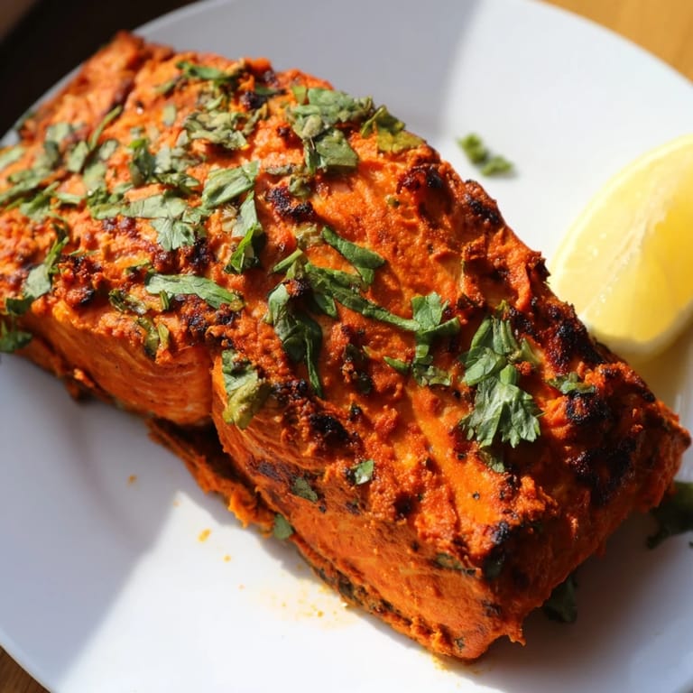 Golden, crispy edges on a plate of flavorful Indian Tikka Salmon served with fresh herbs.