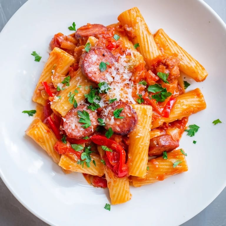 Golden-brown chorizo mingling with rich tomato sauce in this satisfying Spanish Chorizo Pasta.