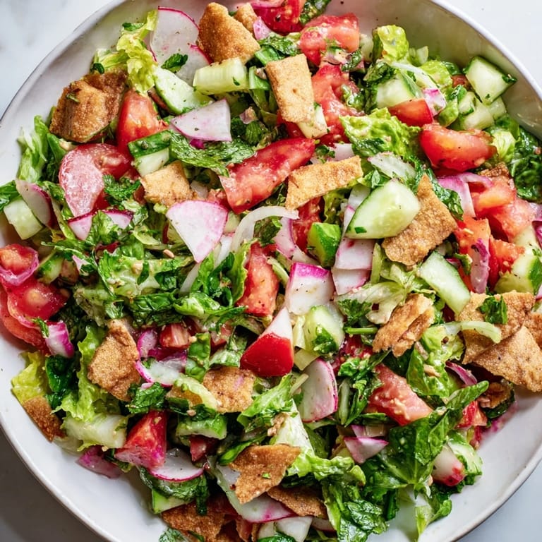 This delicious Lebanese Fattoush Salad showcases crispy pita chips and a tangy sumac dressing; perfect light meal.