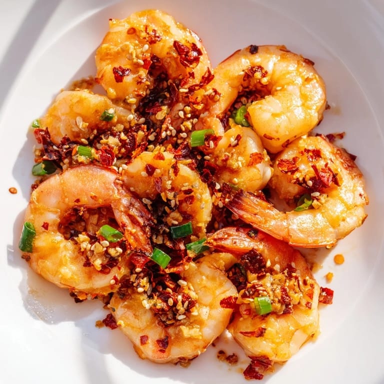 A beautiful close-up of the finished Korean Garlic Butter Shrimp, garnished with scallions and sesame seeds.