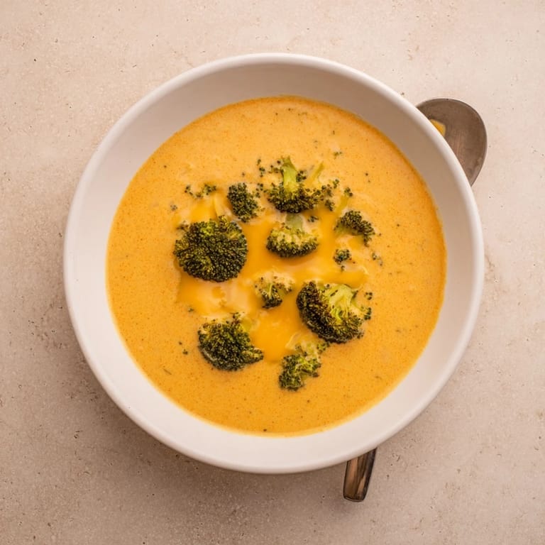 Steaming Broccoli Cheddar Soup is ladled into a rustic bread bowl, offering a comforting meal for cold evenings.