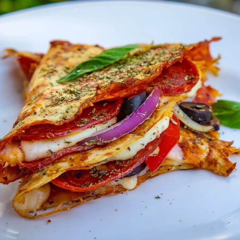 Folding a freshly prepared Tortilla Pizza Wrap filled with savory pepperoni, shredded mozzarella, and olives, showcasing the easy homemade fusion technique.  