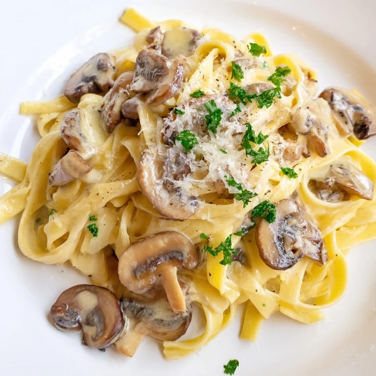 Hearty vegetarian Creamy Mushroom Alfredo garnished with extra Parmesan, ready to serve alongside crusty bread for dinner.