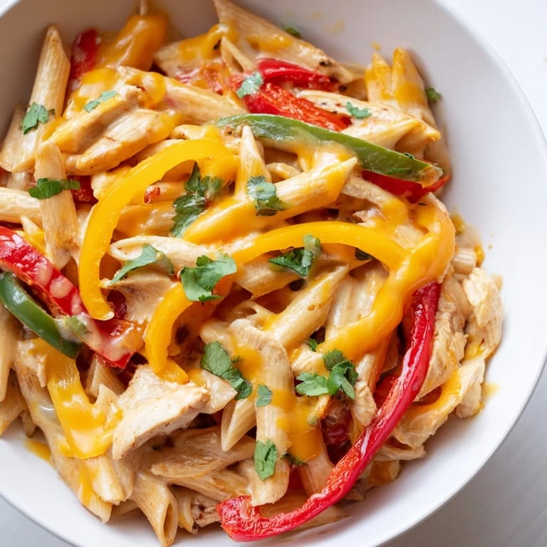 Cheesy Chicken Fajita Pasta served hot with lime wedges and colorful peppers on a plate.