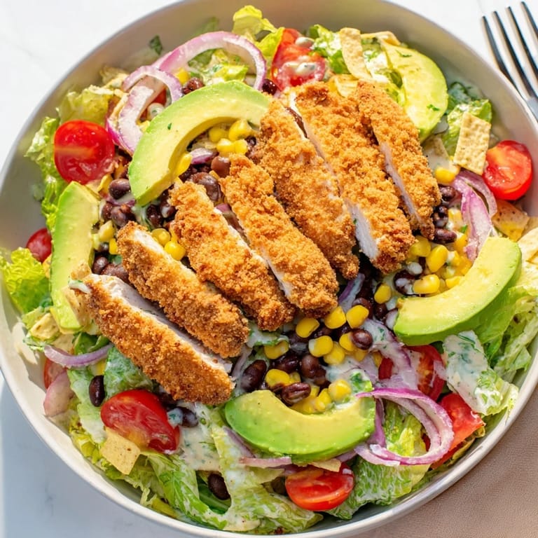 Close-up view of golden, spiced chicken tenders garnishing a Tex-Mex salad with avocado and cheddar cheese.