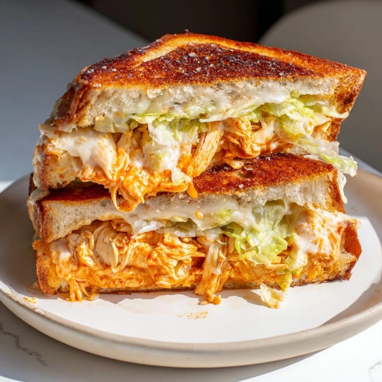 Golden-brown Buffalo Chicken Caesar Grilled Cheese oozing melty cheese, drizzled with extra buffalo sauce.
