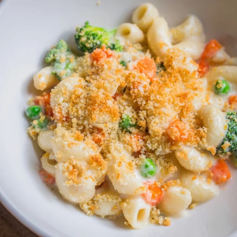 Family-style Garden Veg Mac and Cheese with a crunchy panko topping, steaming on a plate beside a fresh green salad.