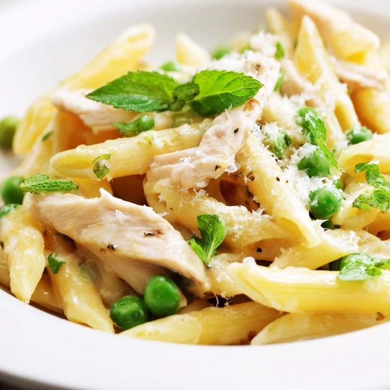 This Pea & Mint Chicken Pasta features fork-tender noodles tossed with sweet peas and savory chicken in a zesty lemon broth.