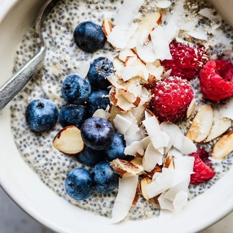 A creamy bowl of Poppy Seed Chia Pudding garnished with shredded coconut and raspberries for a nourishing breakfast.