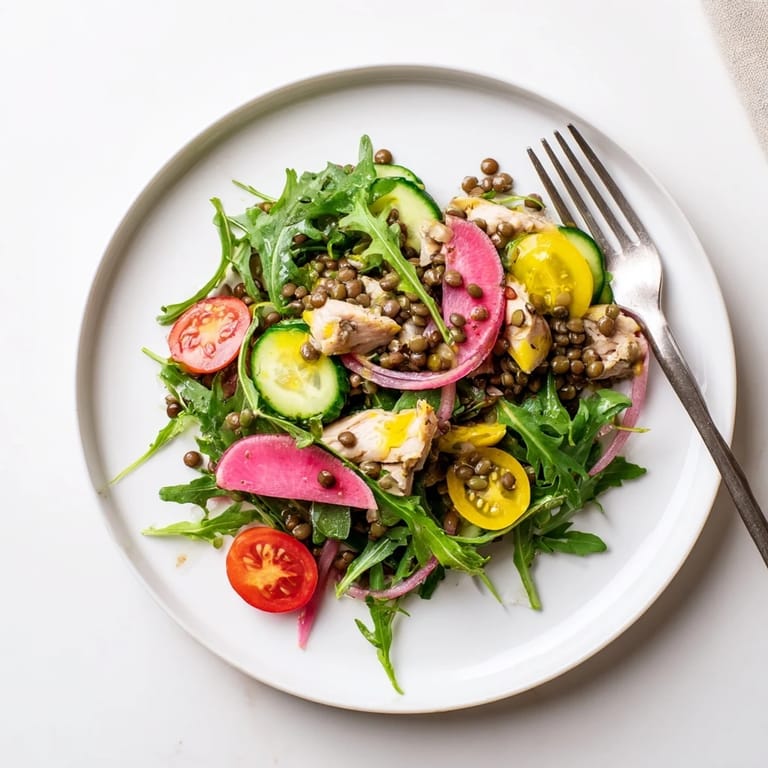 Colorful bowl of Lentil & Chicken Spring Salad with pickled red onions and halved cherry tomatoes.