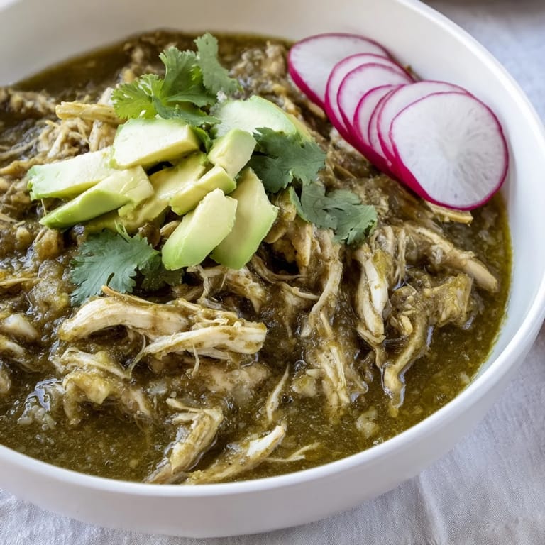 Hearty Chicken Chili Verde simmering in a Dutch oven, showcasing tender chicken thighs in a bright, tangy salsa verde garnished with lime wedges.
