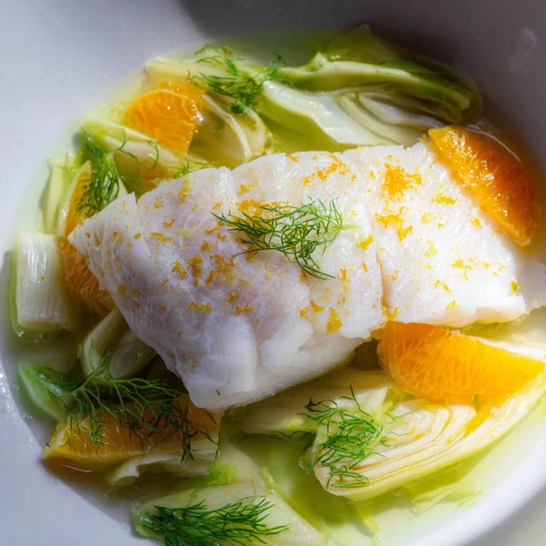 Plated poached cod with fennel and orange, a gluten-free main dish featuring a light, aromatic broth.