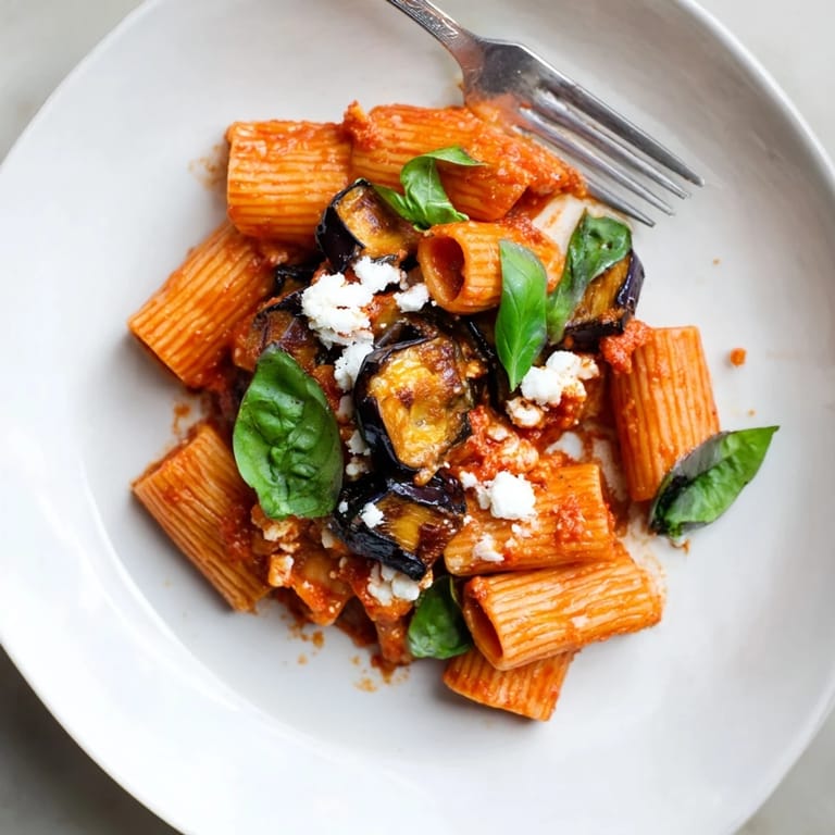 A hearty plate of Pasta Alla Norma, featuring tender eggplant cubes simmered in a vibrant tomato sauce and finished with salty cheese.