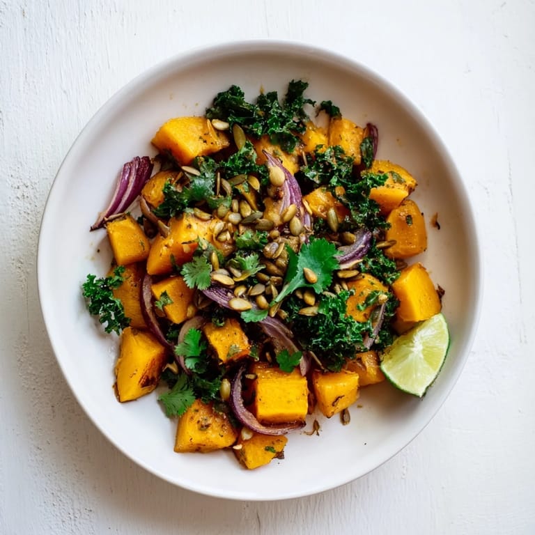 Close-up of Sweet and Spicy Red Kuri Squash Bowl revealing caramelized squash and onions with chili flakes.