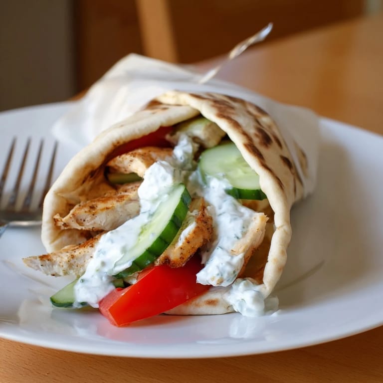 A close-up of a Greek Chicken Wrap filled with juicy chicken, diced tomatoes, and red onion slices on a rustic plate.