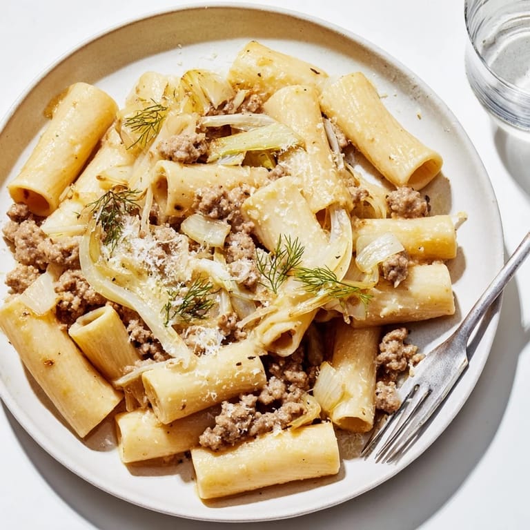 Sizzling skillet of Winter Pasta with Sausage and Fennel tossed in an aromatic sauce ready to serve.