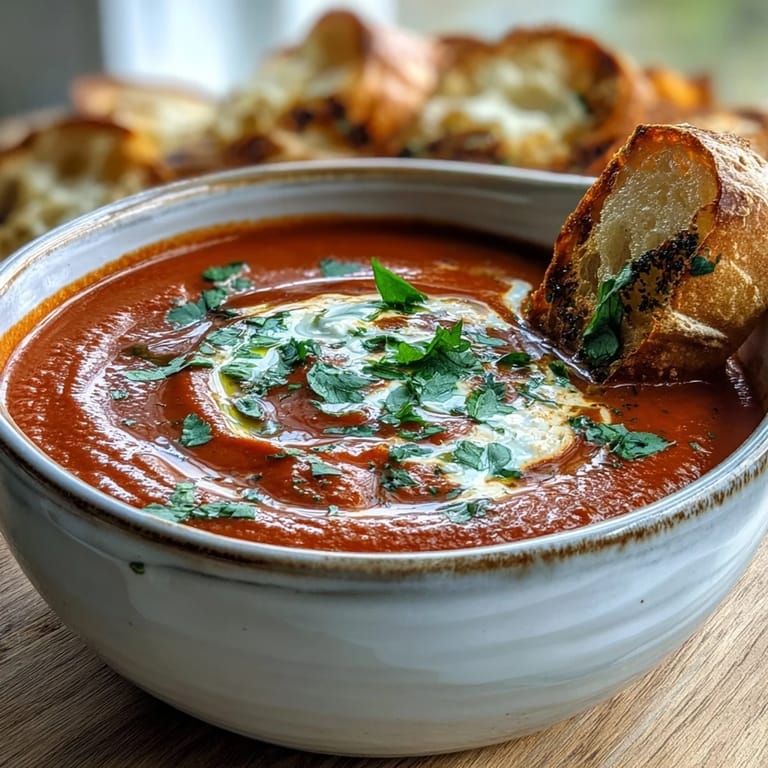 Vibrant Roasted Red Pepper Soup simmering in a pot, featuring charred peppers and roasted garlic for a cozy meal.