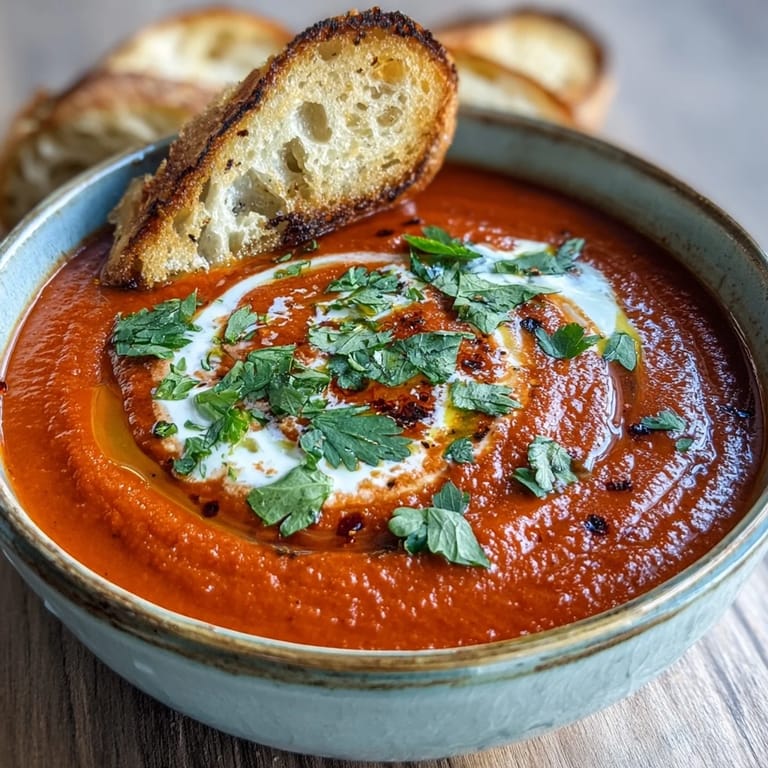 Rustic Roasted Red Pepper Soup served in a mug alongside crusty bread, perfect for dipping and enjoying.