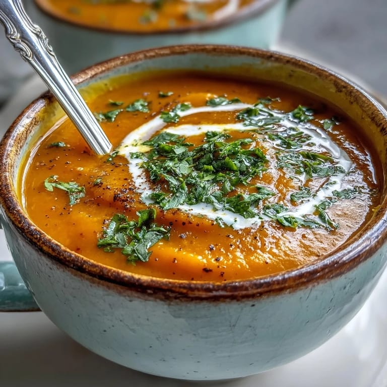 Cozy bowl of Carrot and Lentil Soup garnished with fresh parsley and a swirl of coconut cream, served alongside crusty bread.