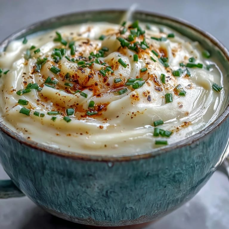 Velvety Cream of Potato Soup paired with crusty artisan bread, ready for a comforting meal.