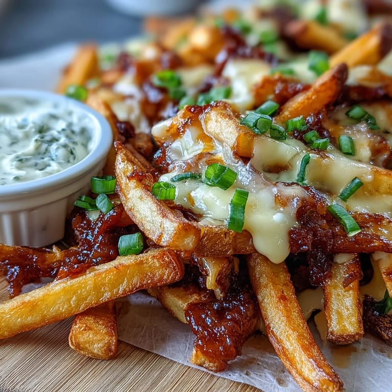 A bowl of Cheesy BBQ Fries with Ranch Dip, served hot with a side of creamy homemade ranch for dipping.
