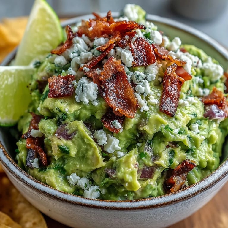 Bright bowl of Bacon Guacamole With Cotija Cheese topped with extra Cotija, cilantro, and lime wedges, ready for a party platter or game day snack.