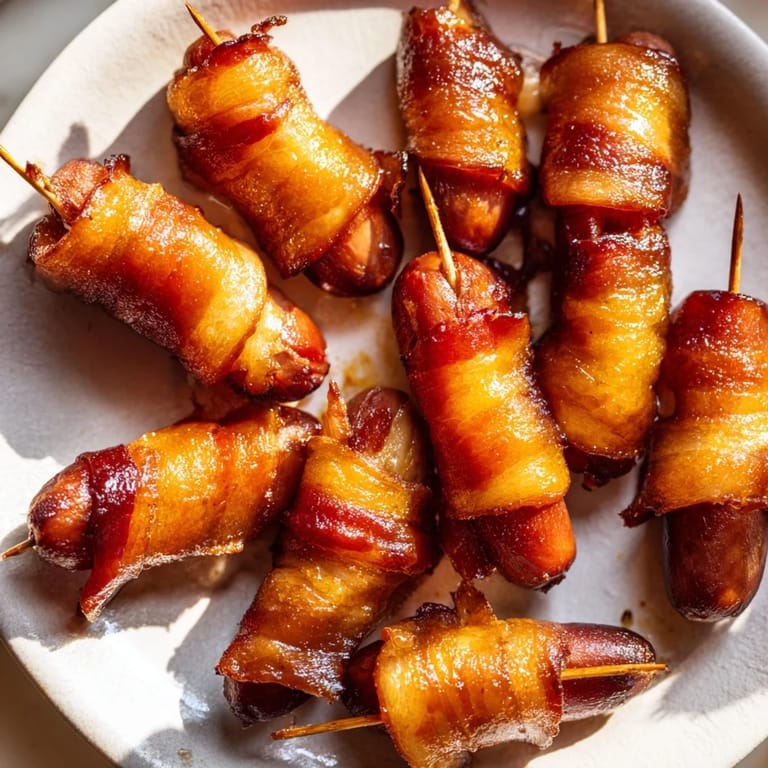 Golden-brown bacon wraps savory cocktail smokies in this easy 3-Ingredient Bacon-Wrapped Smokies recipe.