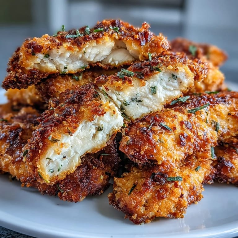 Air Fryer Chicken Strips, golden brown and aromatic, arranged on a plate ready for dipping in honey mustard.
