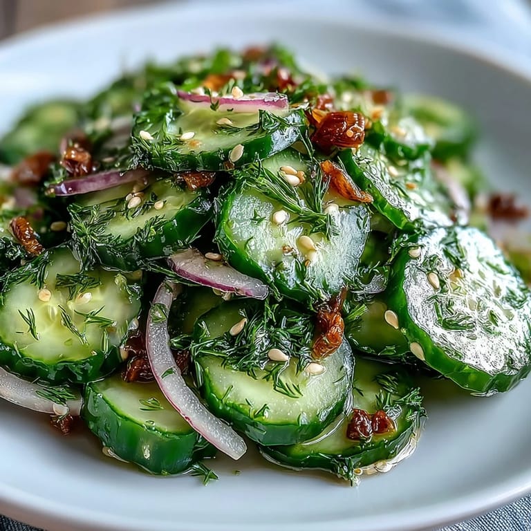 Crisp cucumbers, red onion, and dill create a refreshing Crunchy Cucumber Salad bite.